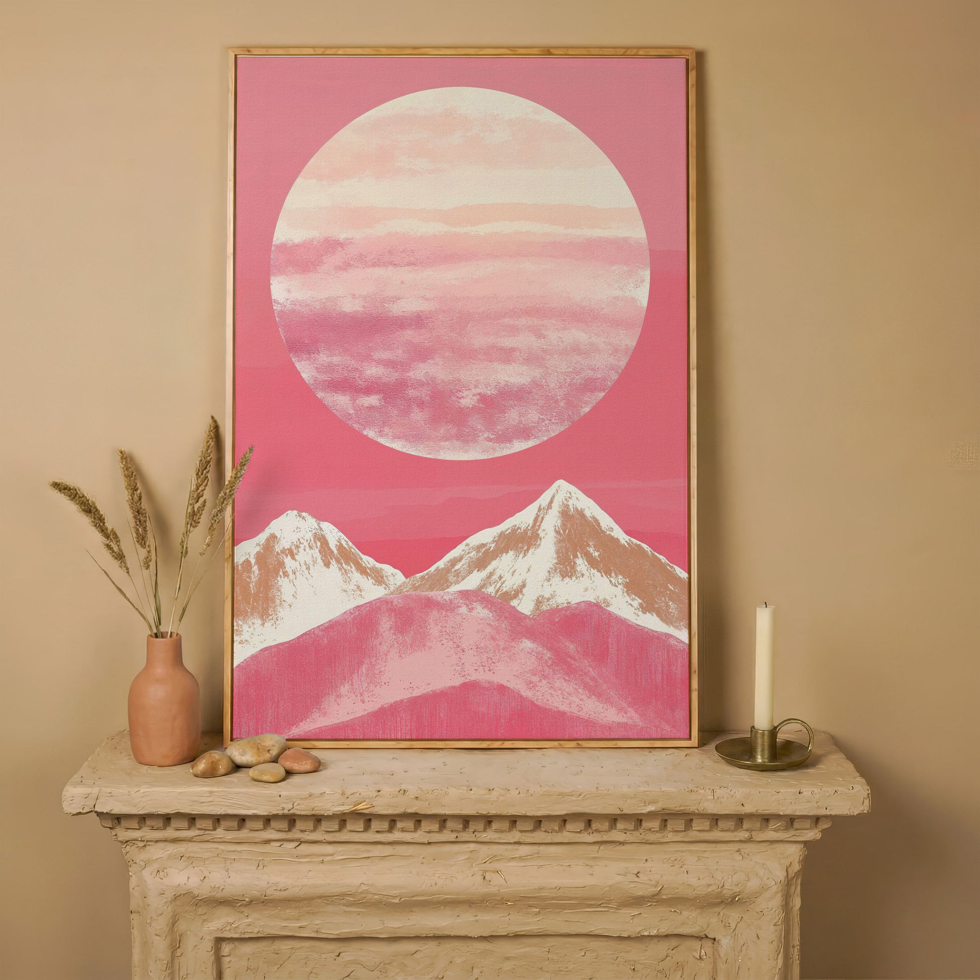 Pink Mountain Sunset Canvas in white oak floating frame
