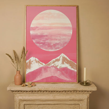Pink Mountain Sunset Canvas in white oak floating frame