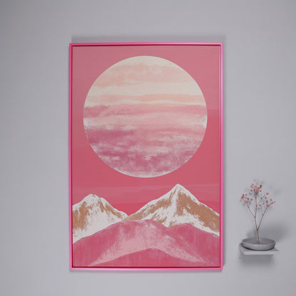 Pink Mountain Sunset Canvas in pink floating frame