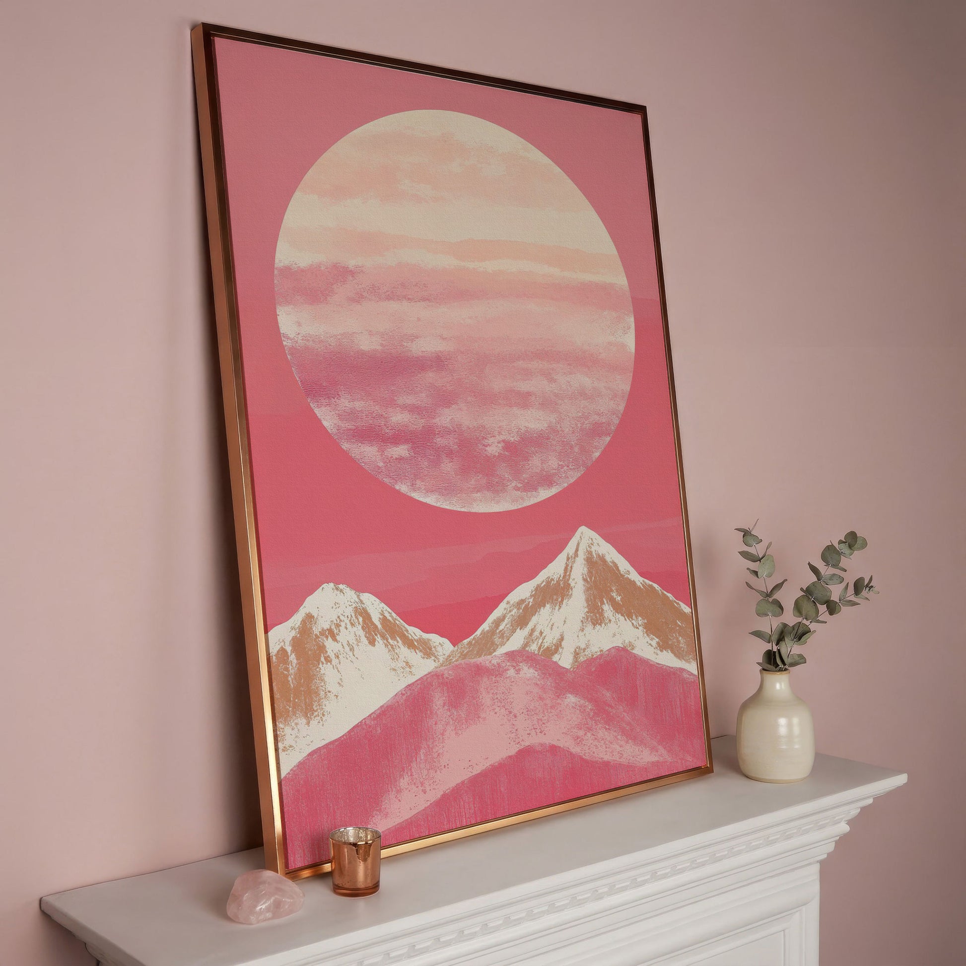 Pink Mountain Sunset Canvas in rose gold floating frame