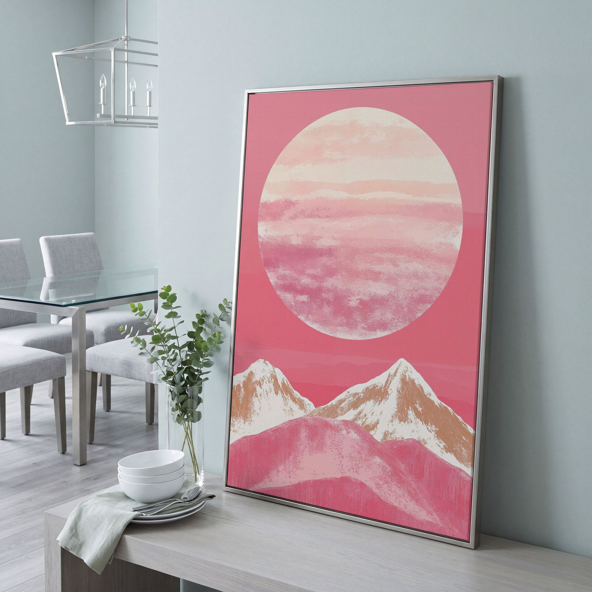 Pink Mountain Sunset Canvas in silver floating frame