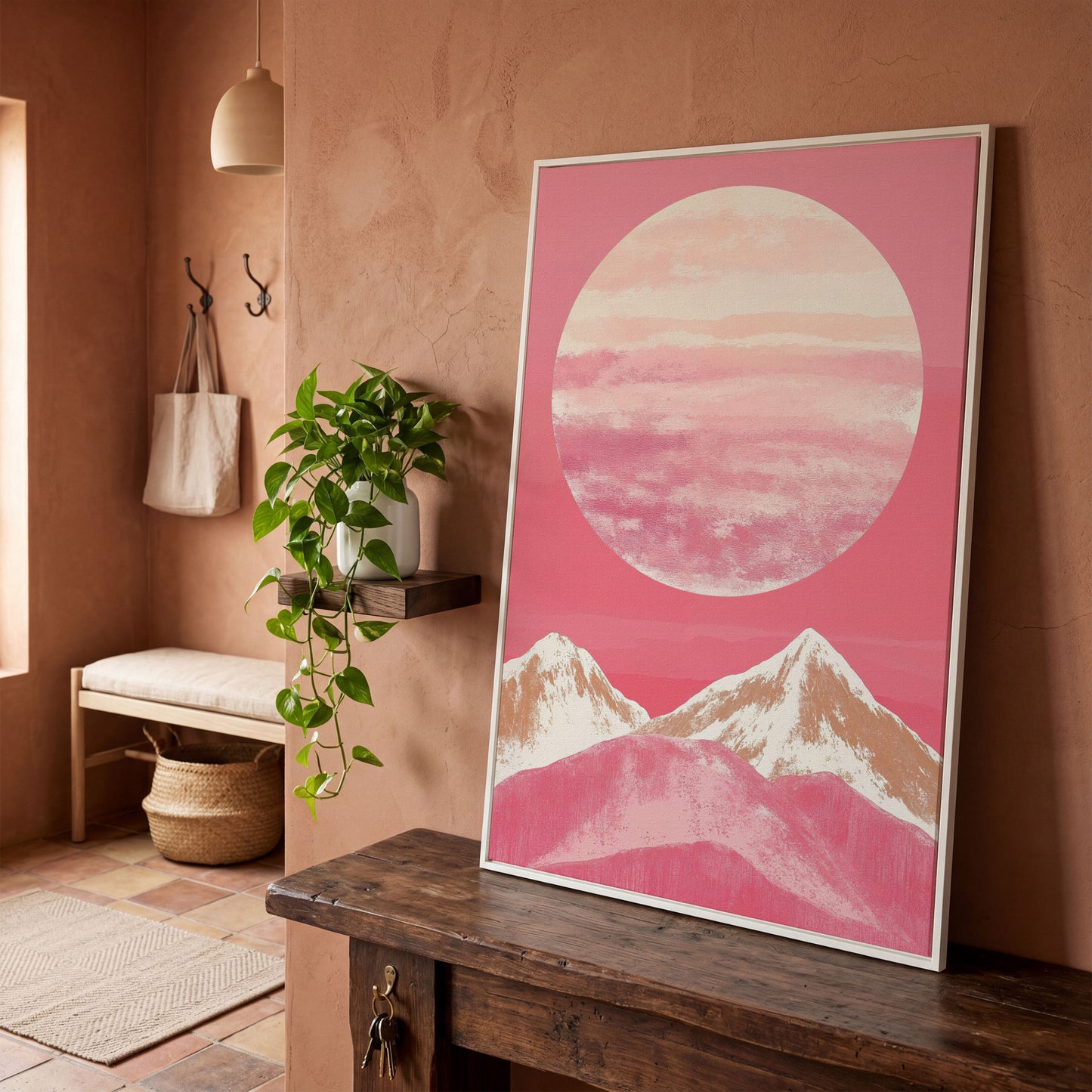 Pink Mountain Sunset Canvas in white floating frame