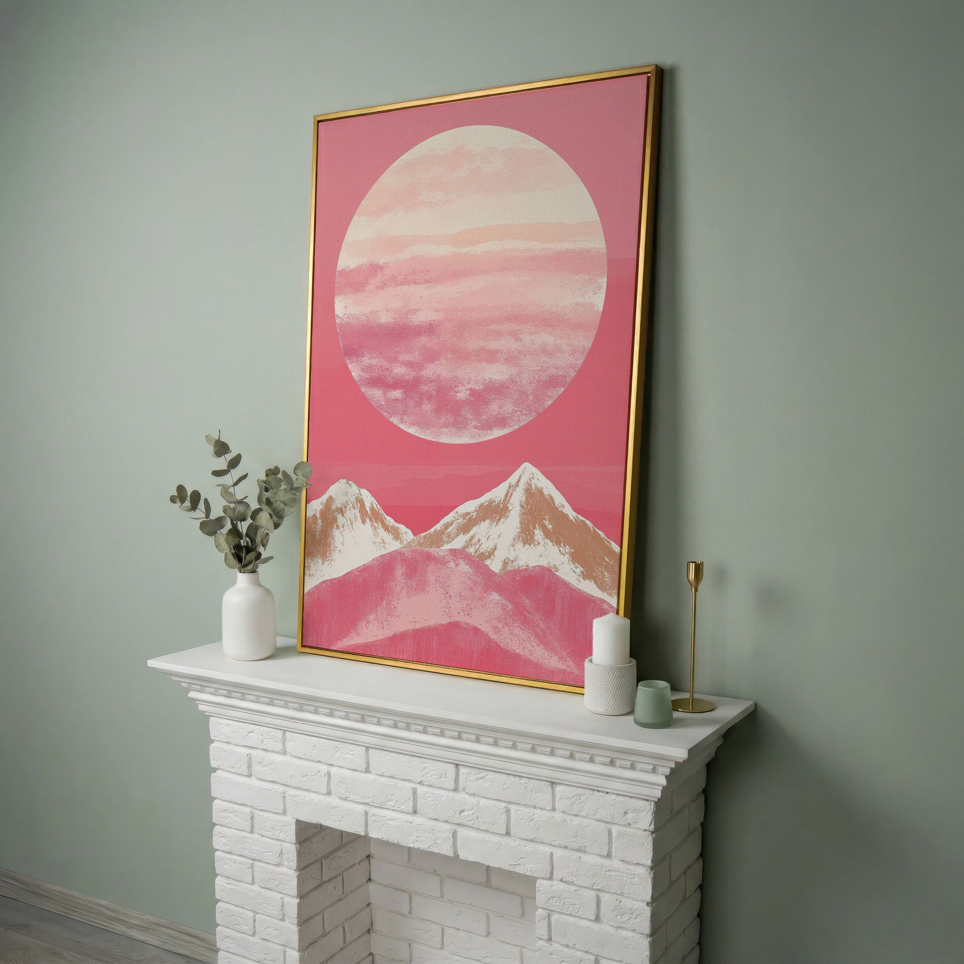 Pink Mountain Sunset Canvas in yellow gold floating frame
