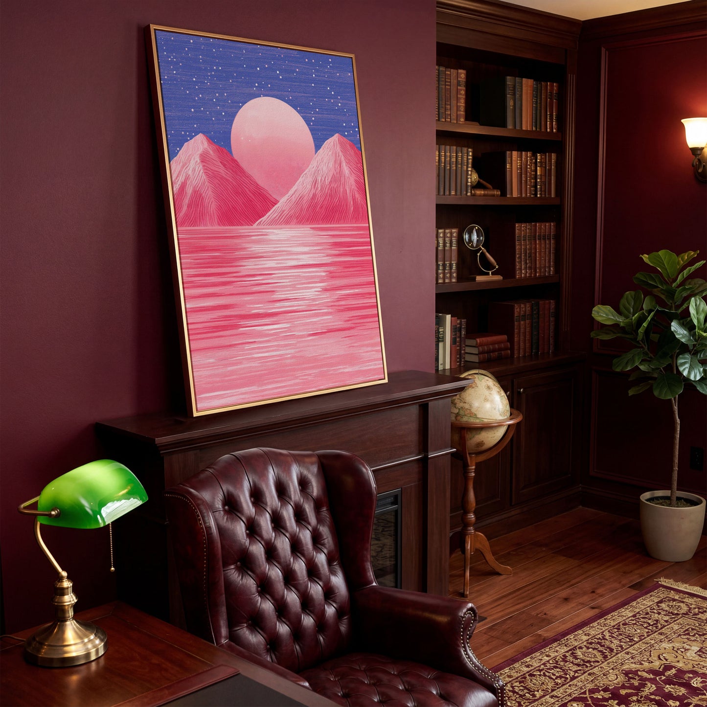 Surreal Pink Mountain at Sunset Canvas Print in antique gold floating frame