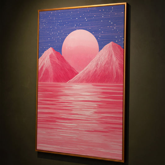 Surreal Pink Mountain at Sunset Canvas Print shown in antique gold floating frame