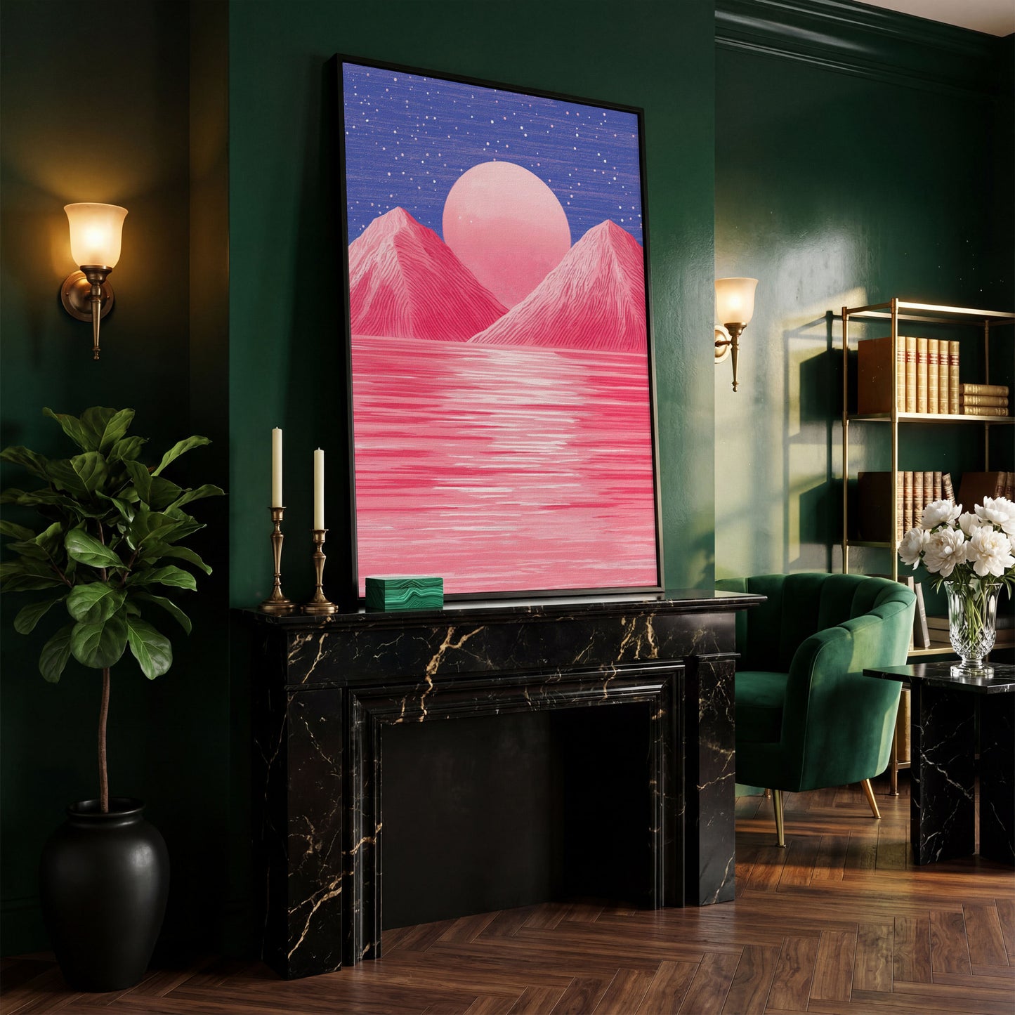 Surreal Pink Mountain at Sunset Canvas Print in black floating frame