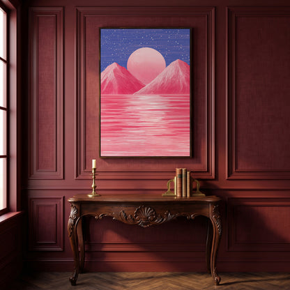 Surreal Pink Mountain at Sunset Canvas Print in dark walnut floating frame