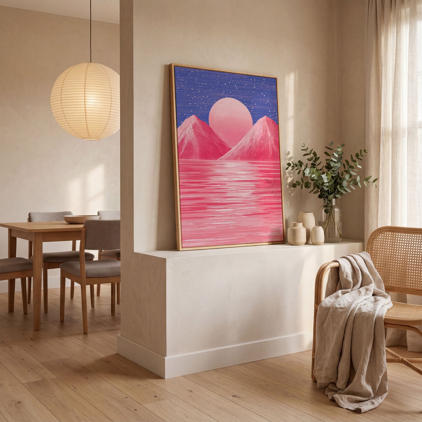 Surreal Pink Mountain at Sunset Canvas Print in white oak floating frame