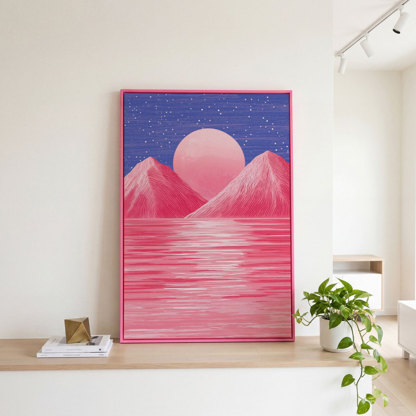 Surreal Pink Mountain at Sunset Canvas Print in pink floating frame