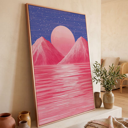 Surreal Pink Mountain at Sunset Canvas Print in rose gold floating frame