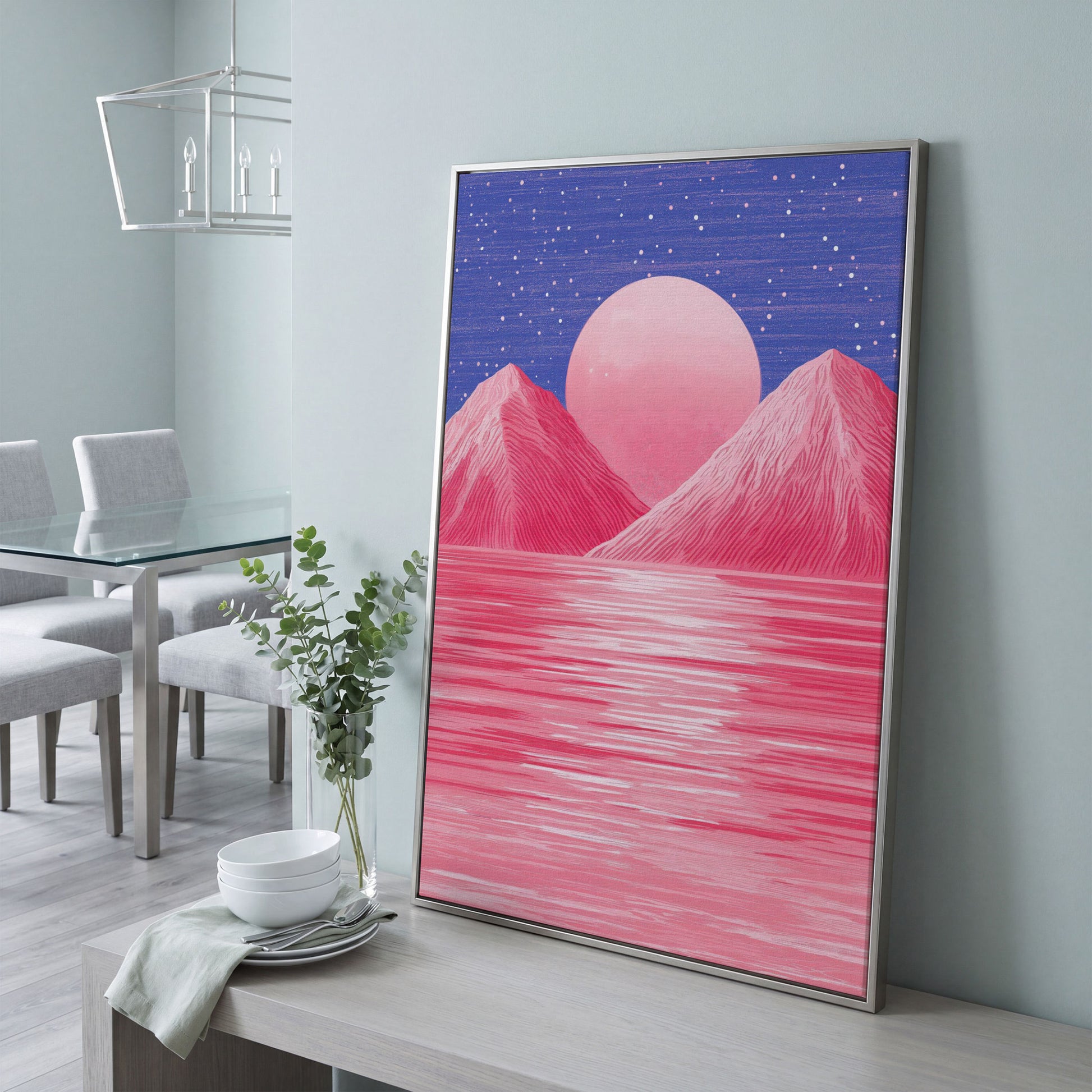 Surreal Pink Mountain at Sunset Canvas Print in silver floating frame