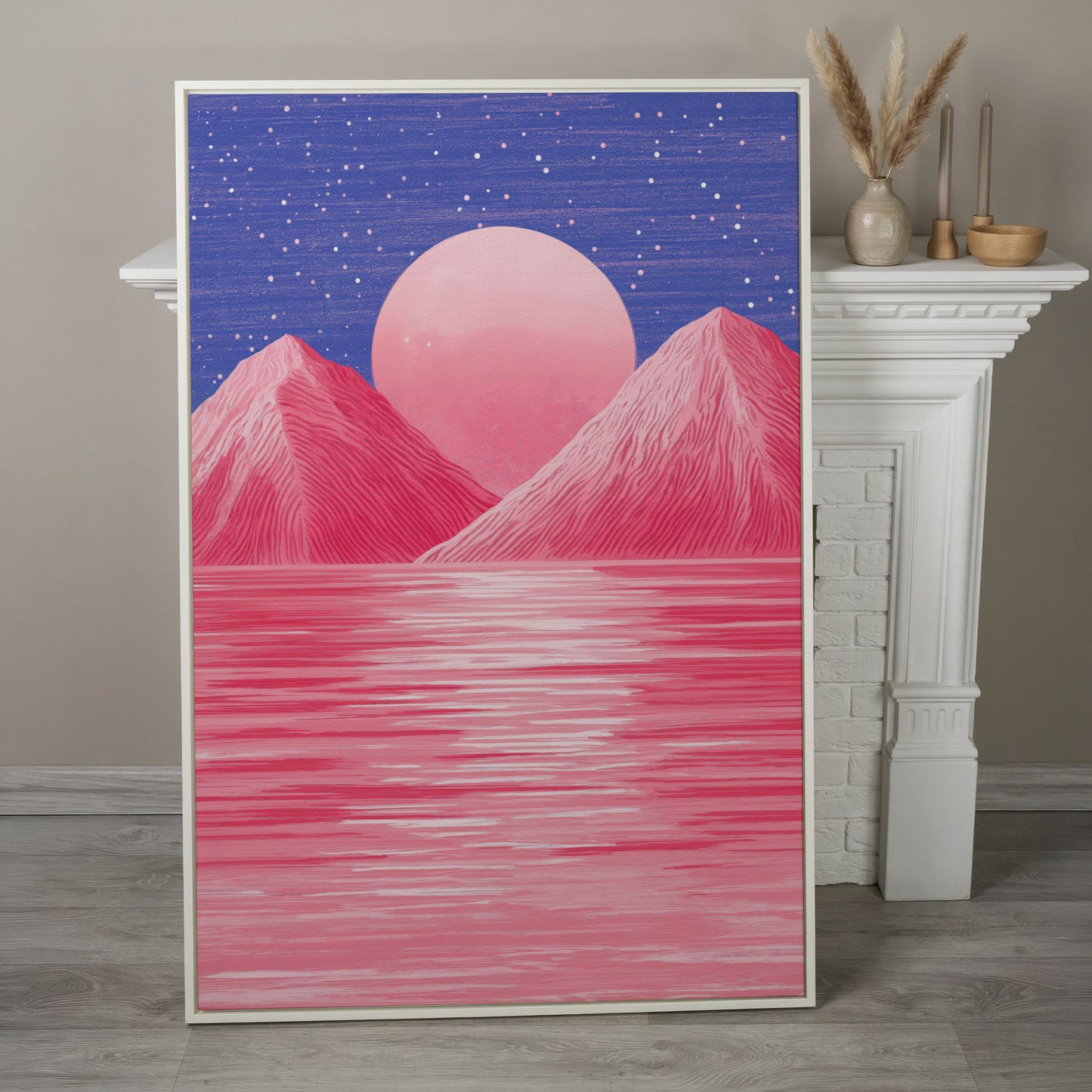 Surreal Pink Mountain at Sunset Canvas Print in white floating frame