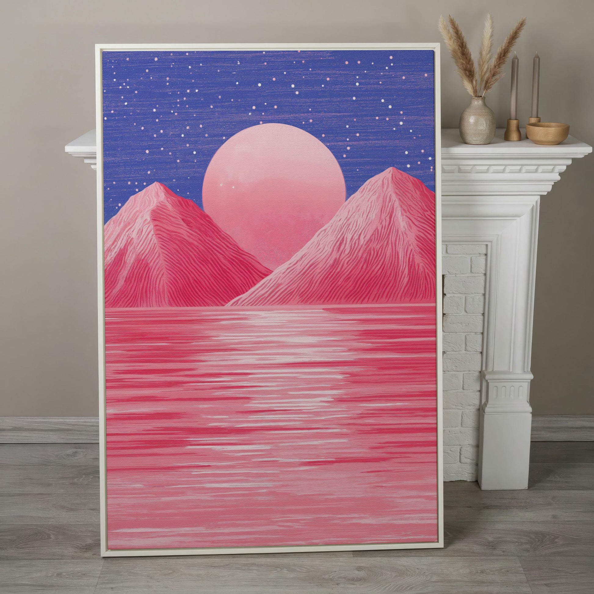 Surreal Pink Mountain at Sunset Canvas Print in white floating frame