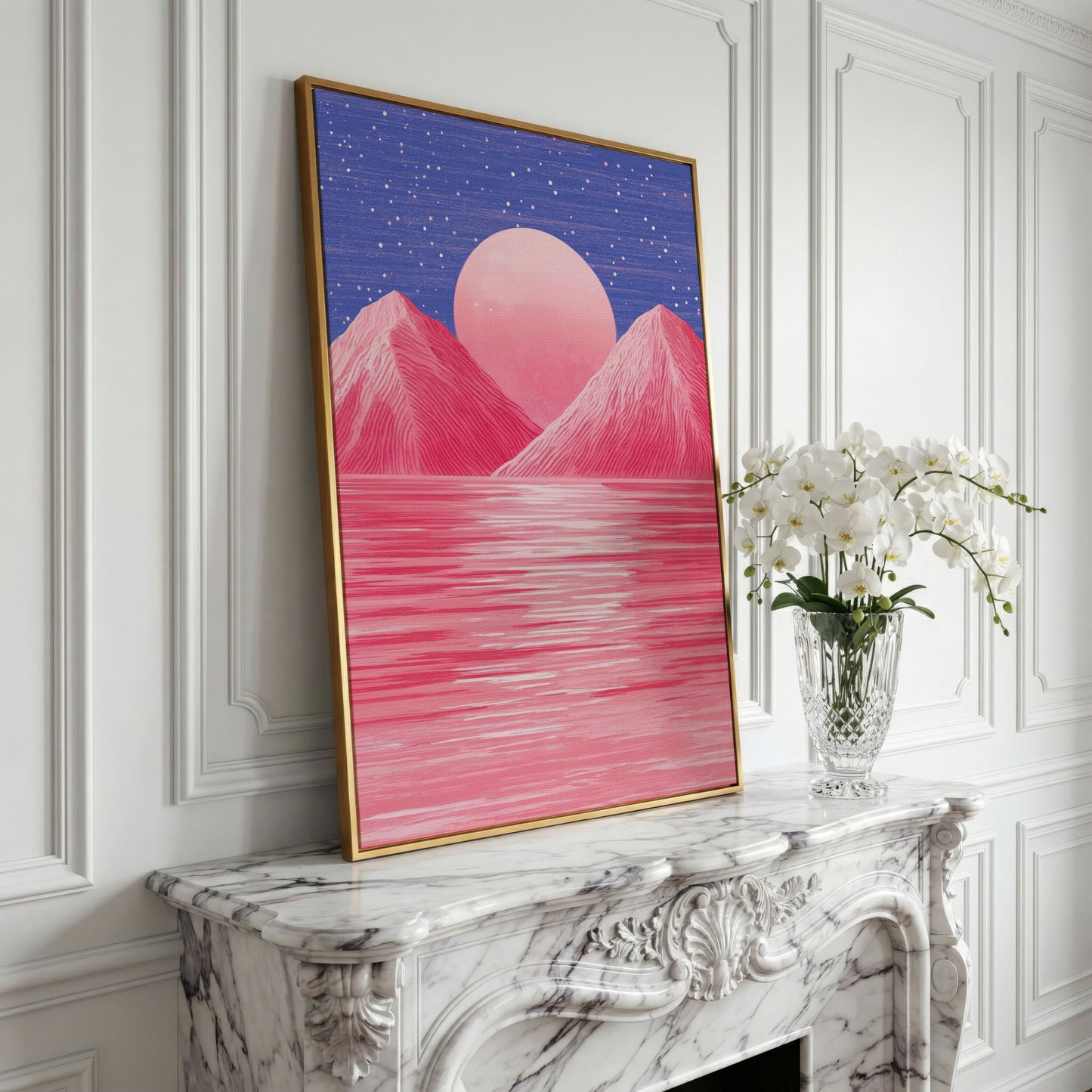 Surreal Pink Mountain at Sunset Canvas Print in yellow gold floating frame