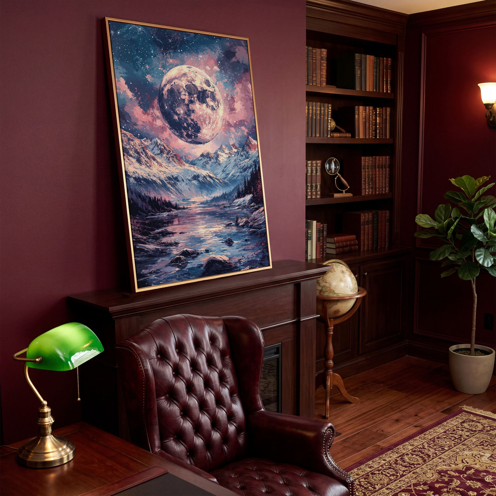 Mystic Mountain Landscape with Moon Canvas in antique gold floating frame