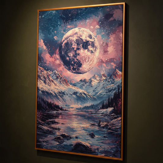 Mystic Mountain Landscape with Moon Canvas shown in antique gold floating frame