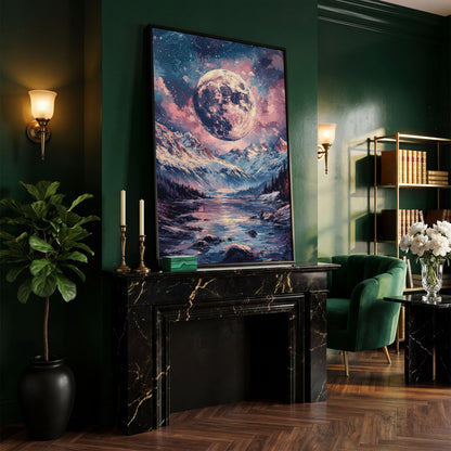 Mystic Mountain Landscape with Moon Canvas in black floating frame