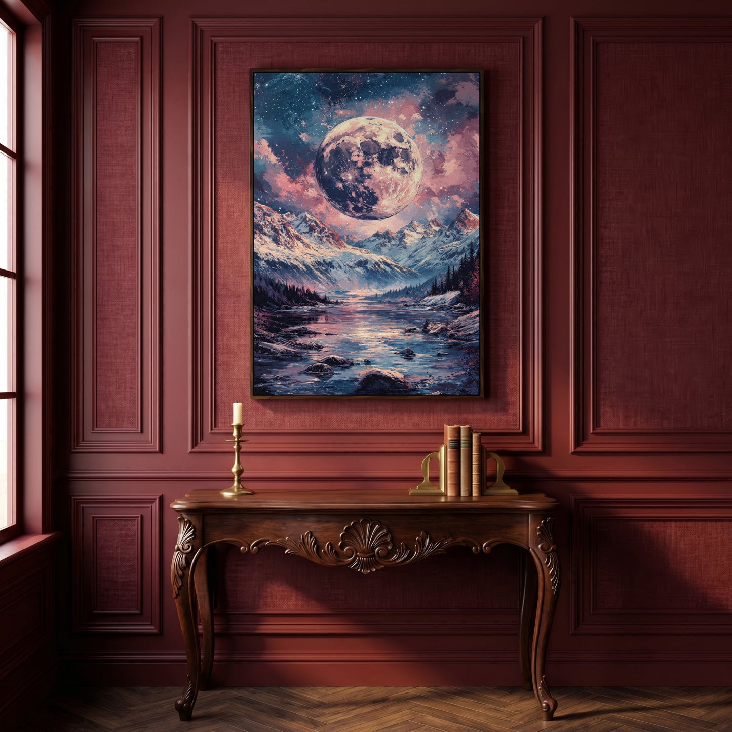 Mystic Mountain Landscape with Moon Canvas in dark walnut floating frame