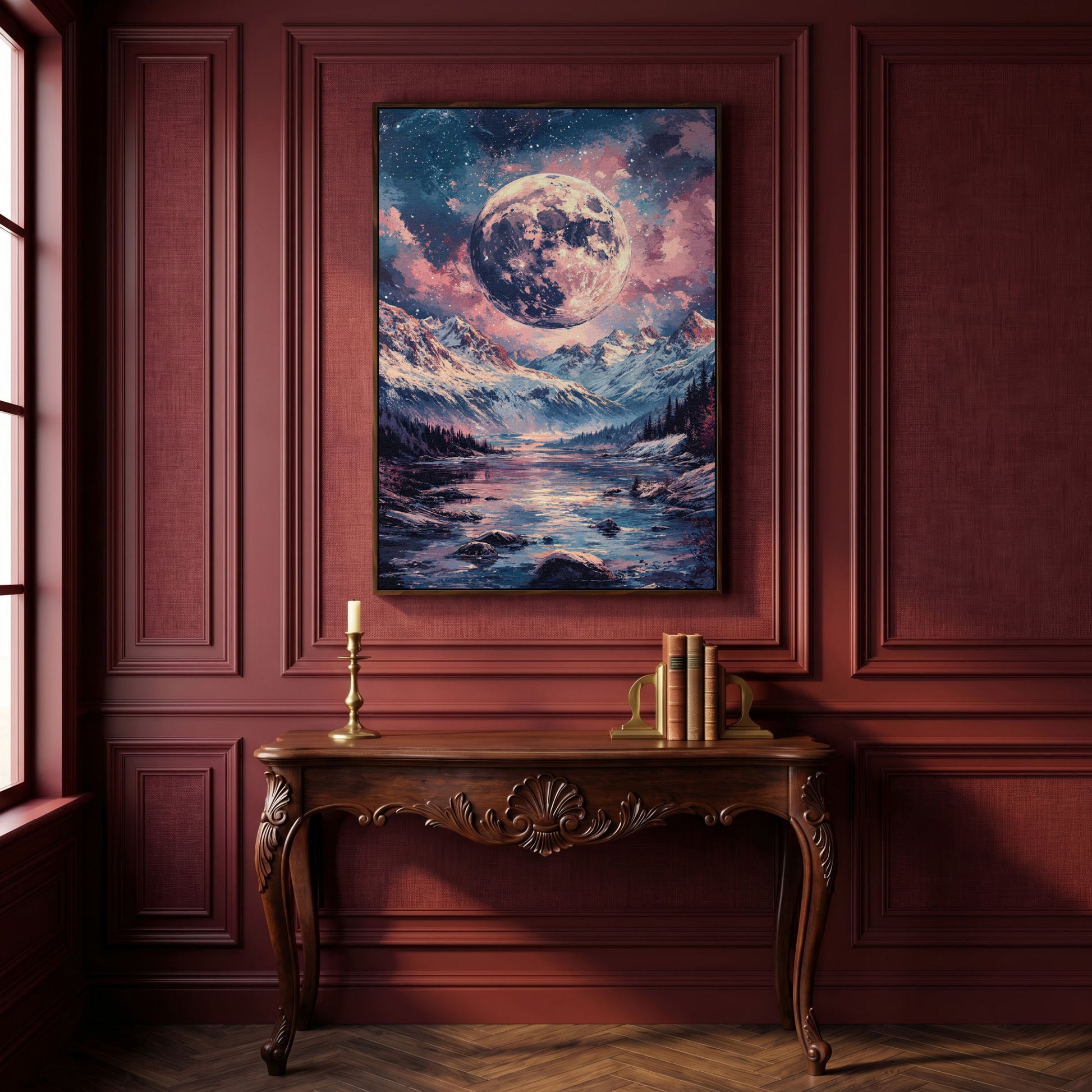 Mystic Mountain Landscape with Moon Canvas in dark walnut floating frame