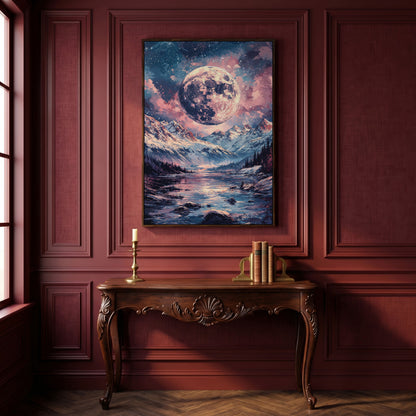 Mystic Mountain Landscape with Moon Canvas in dark walnut floating frame