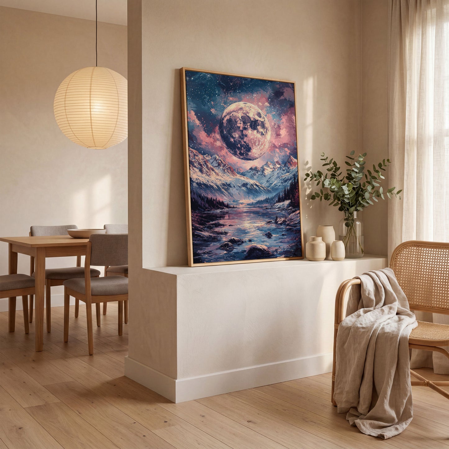 Mystic Mountain Landscape with Moon Canvas in white oak floating frame
