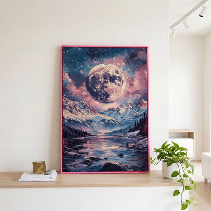 Mystic Mountain Landscape with Moon Canvas in pink floating frame