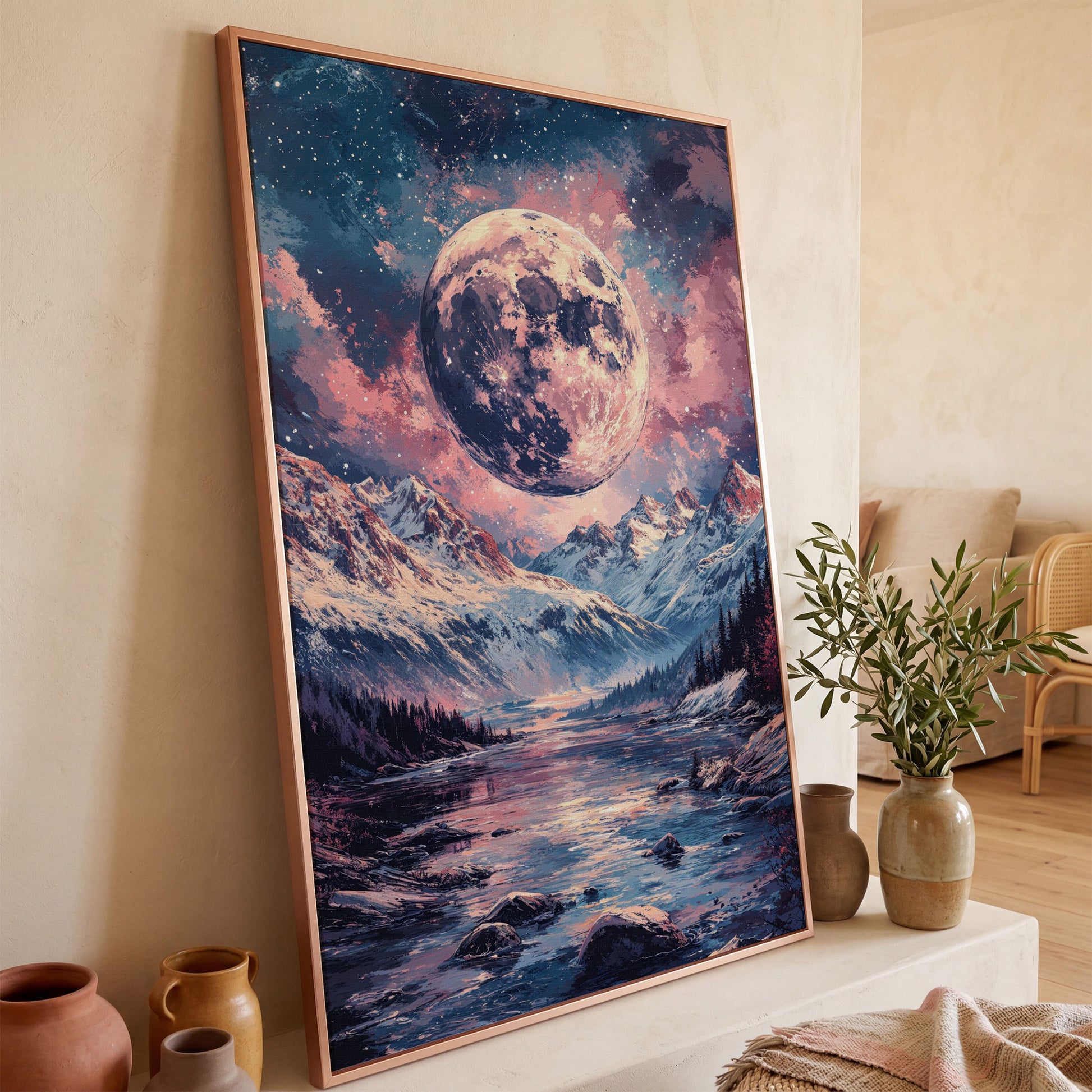 Mystic Mountain Landscape with Moon Canvas in rose gold floating frame