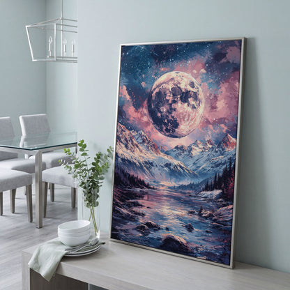 Mystic Mountain Landscape with Moon Canvas in silver floating frame