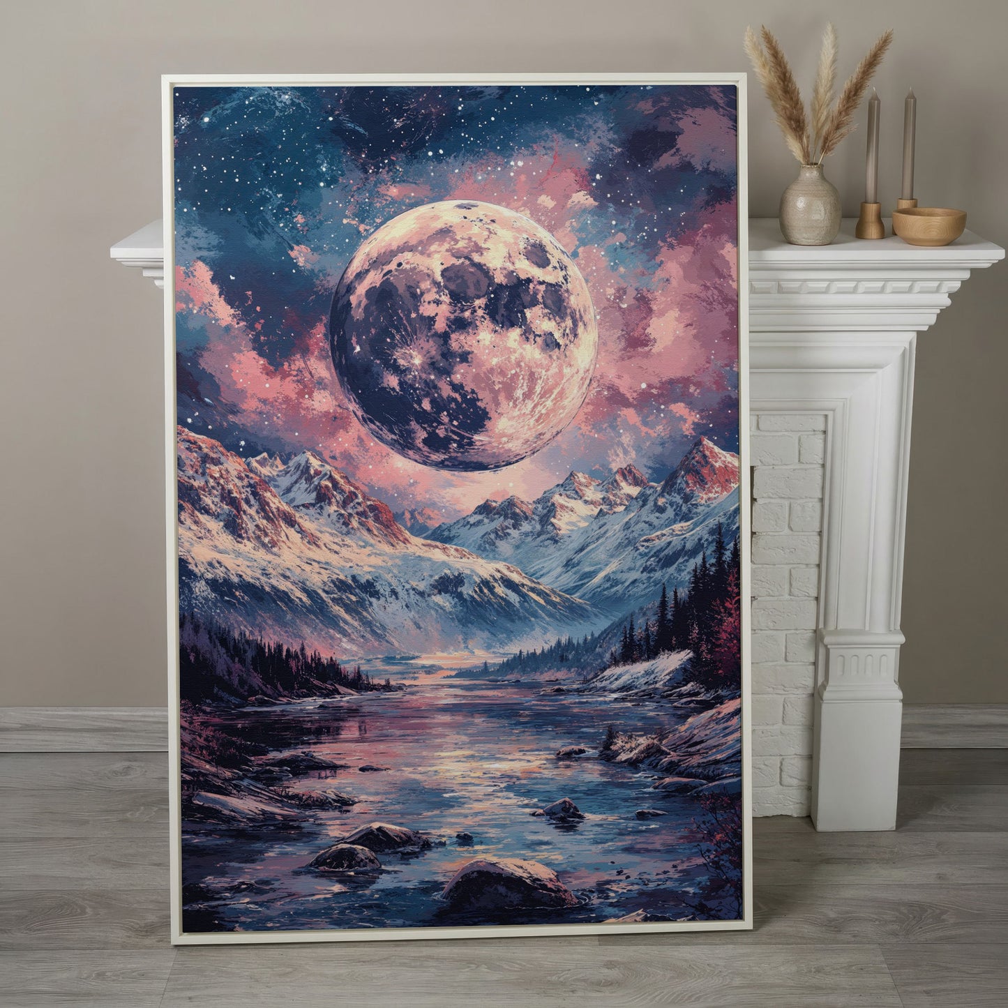 Mystic Mountain Landscape with Moon Canvas in white floating frame