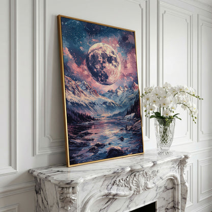 Mystic Mountain Landscape with Moon Canvas in yellow gold floating frame