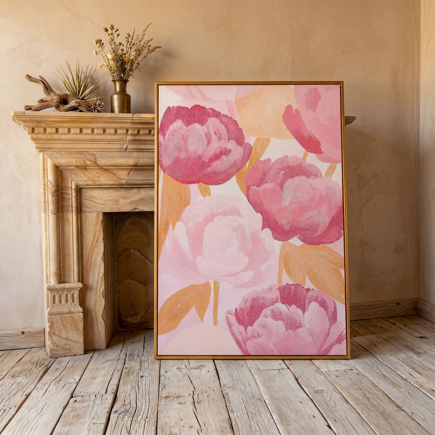 Pink Peonies All-Over Canvas Print in antique gold floating frame