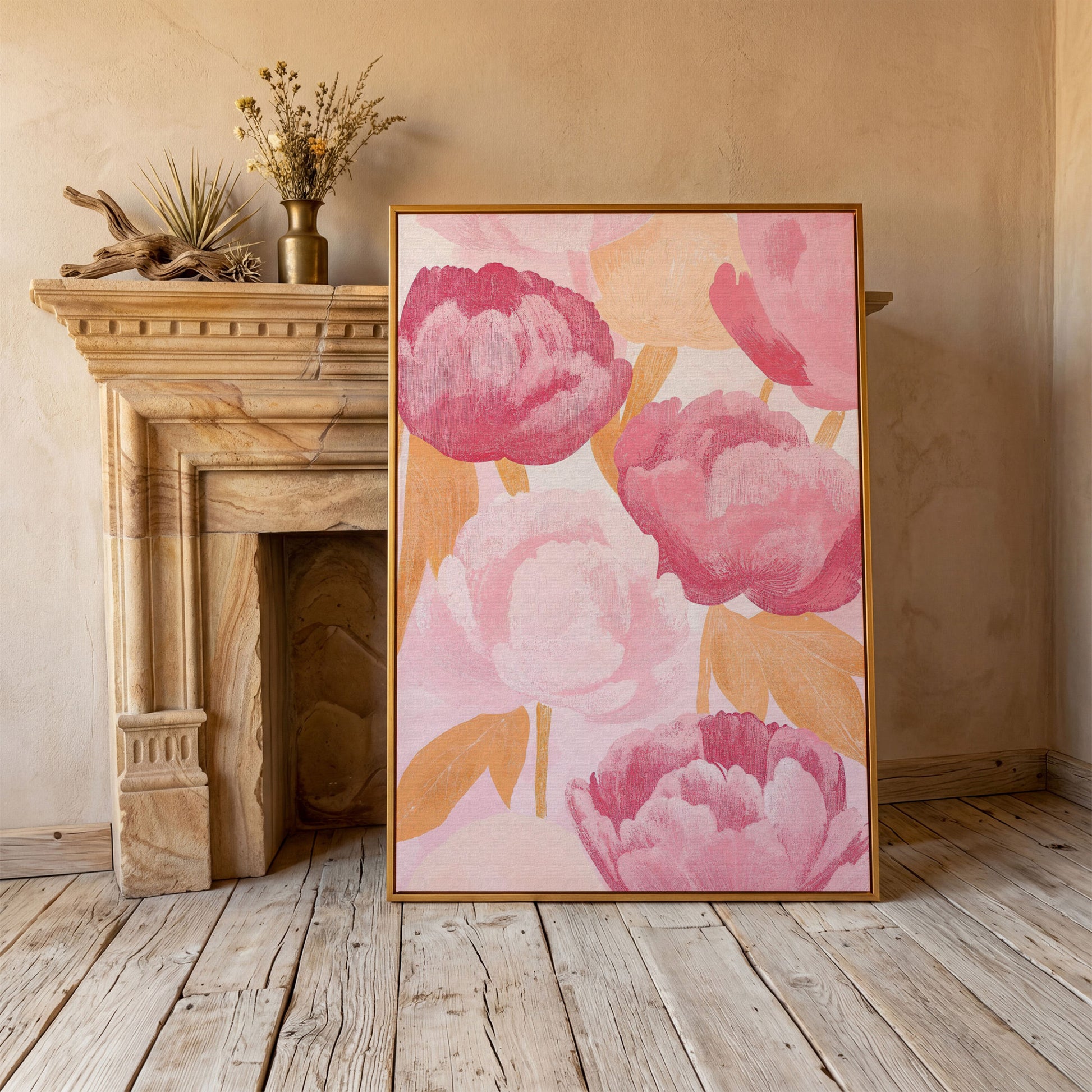 Pink Peonies All-Over Canvas Print in antique gold floating frame