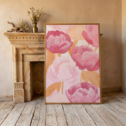 Pink Peonies All-Over Canvas Print in antique gold floating frame