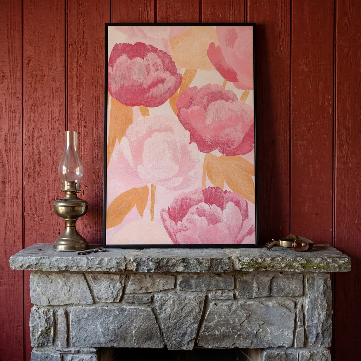 Pink Peonies All-Over Canvas Print in black floating frame