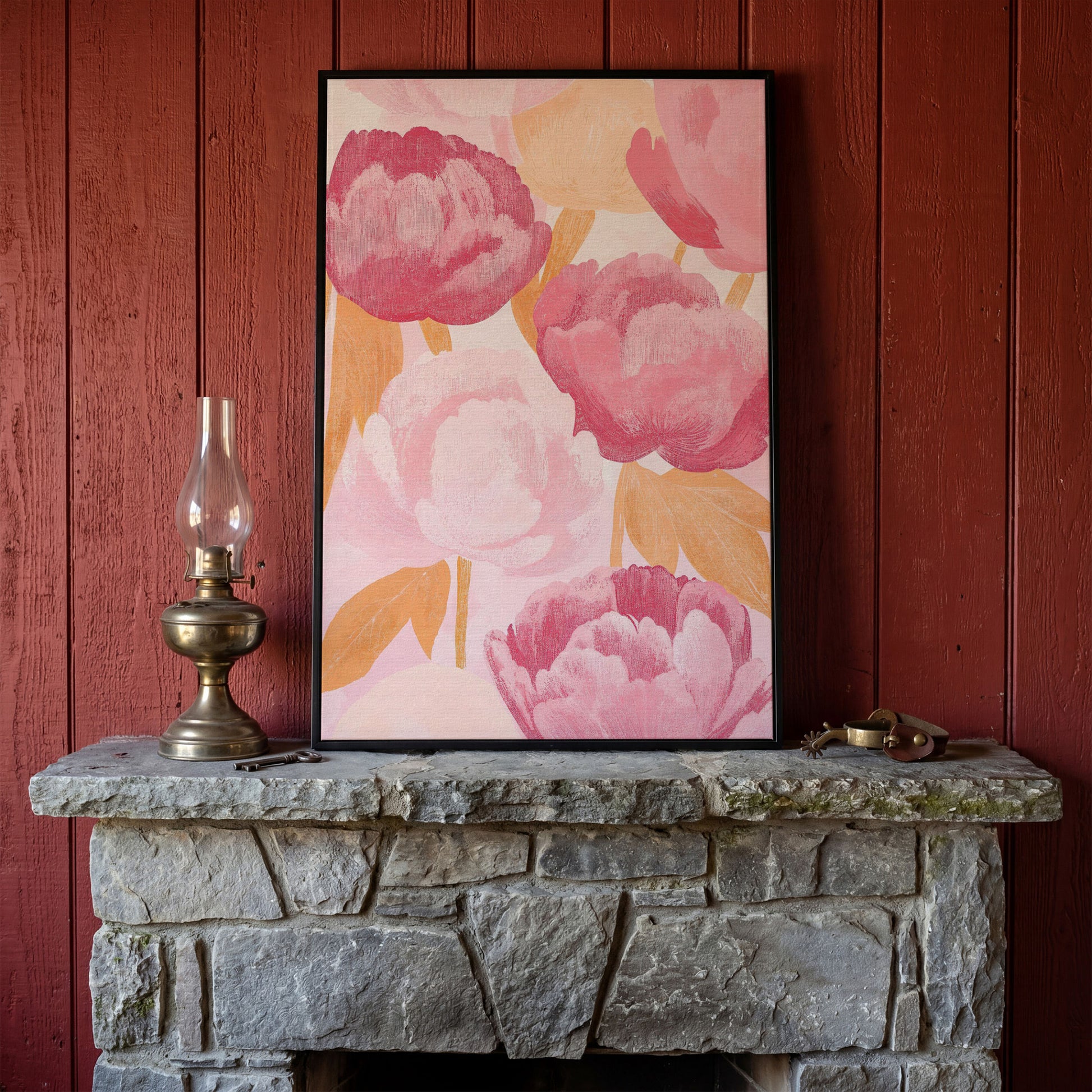 Pink Peonies All-Over Canvas Print in black floating frame