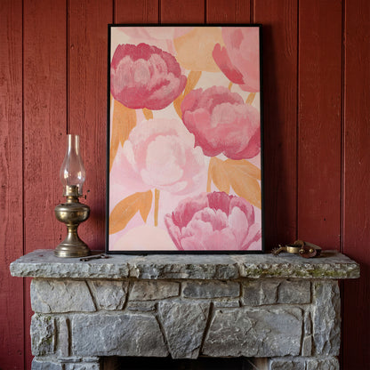 Pink Peonies All-Over Canvas Print in black floating frame
