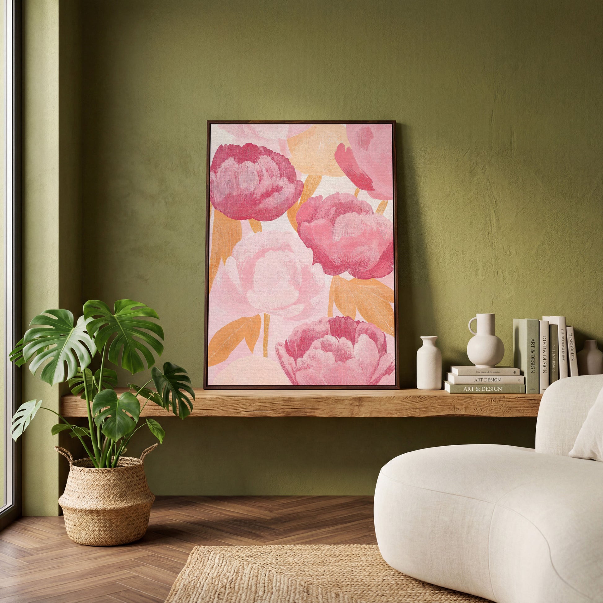 Pink Peonies All-Over Canvas Print in dark walnut floating frame