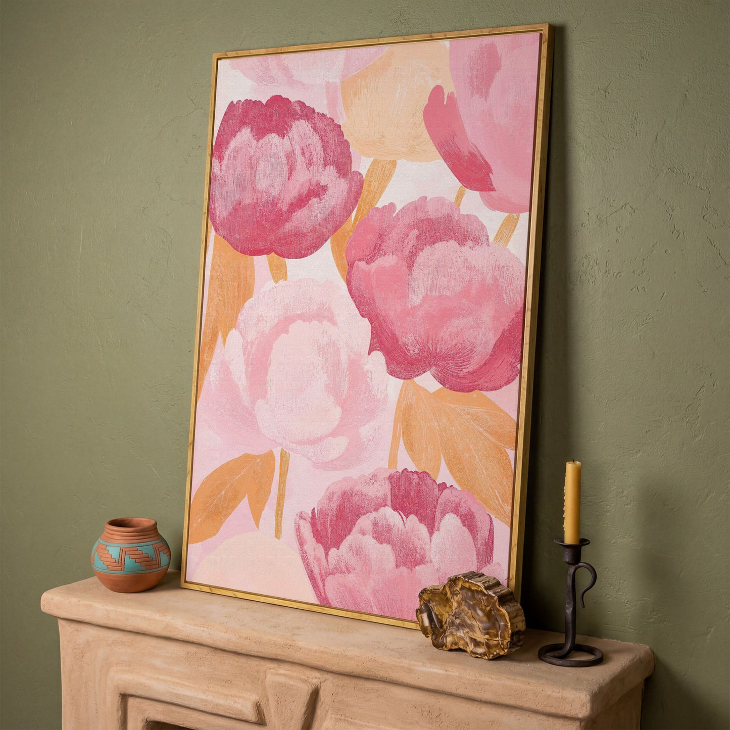 Pink Peonies All-Over Canvas Print in white oak floating frame