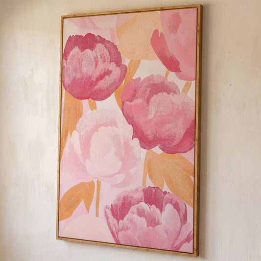 Pink Peonies All-Over Canvas Print shown in white oak floating frame