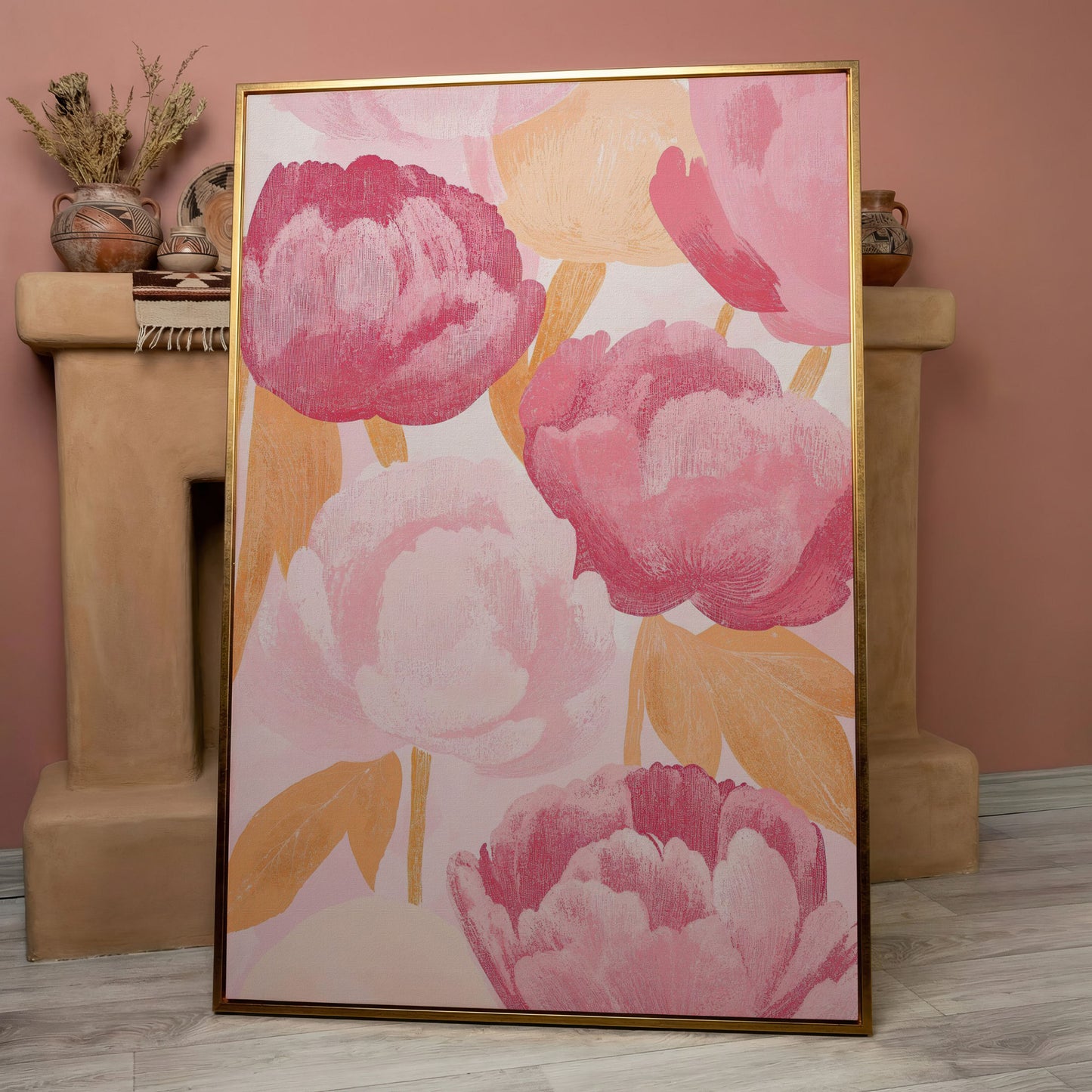 Pink Peonies All-Over Canvas Print in rose gold floating frame