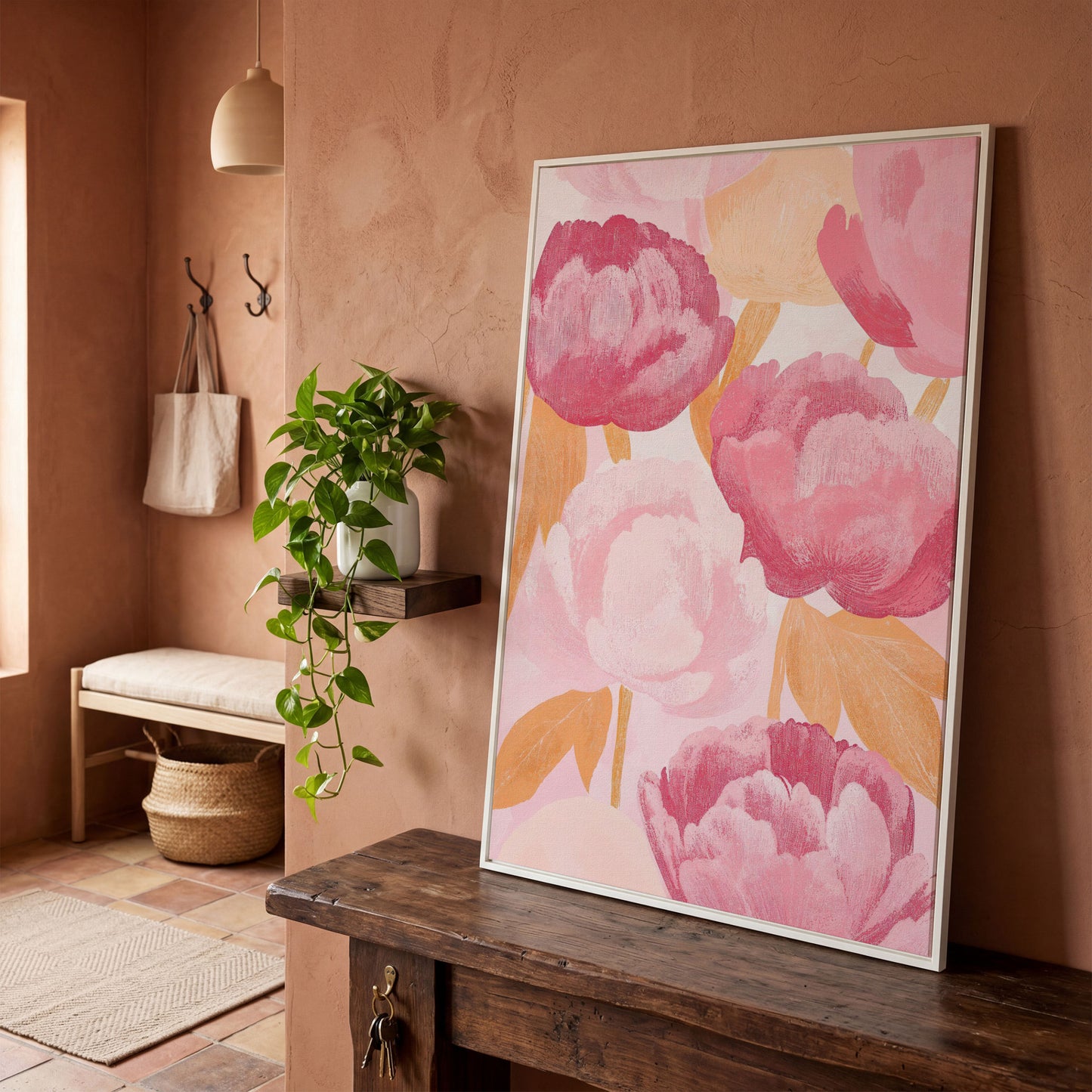 Pink Peonies All-Over Canvas Print in white floating frame