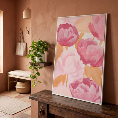 Pink Peonies All-Over Canvas Print in white floating frame