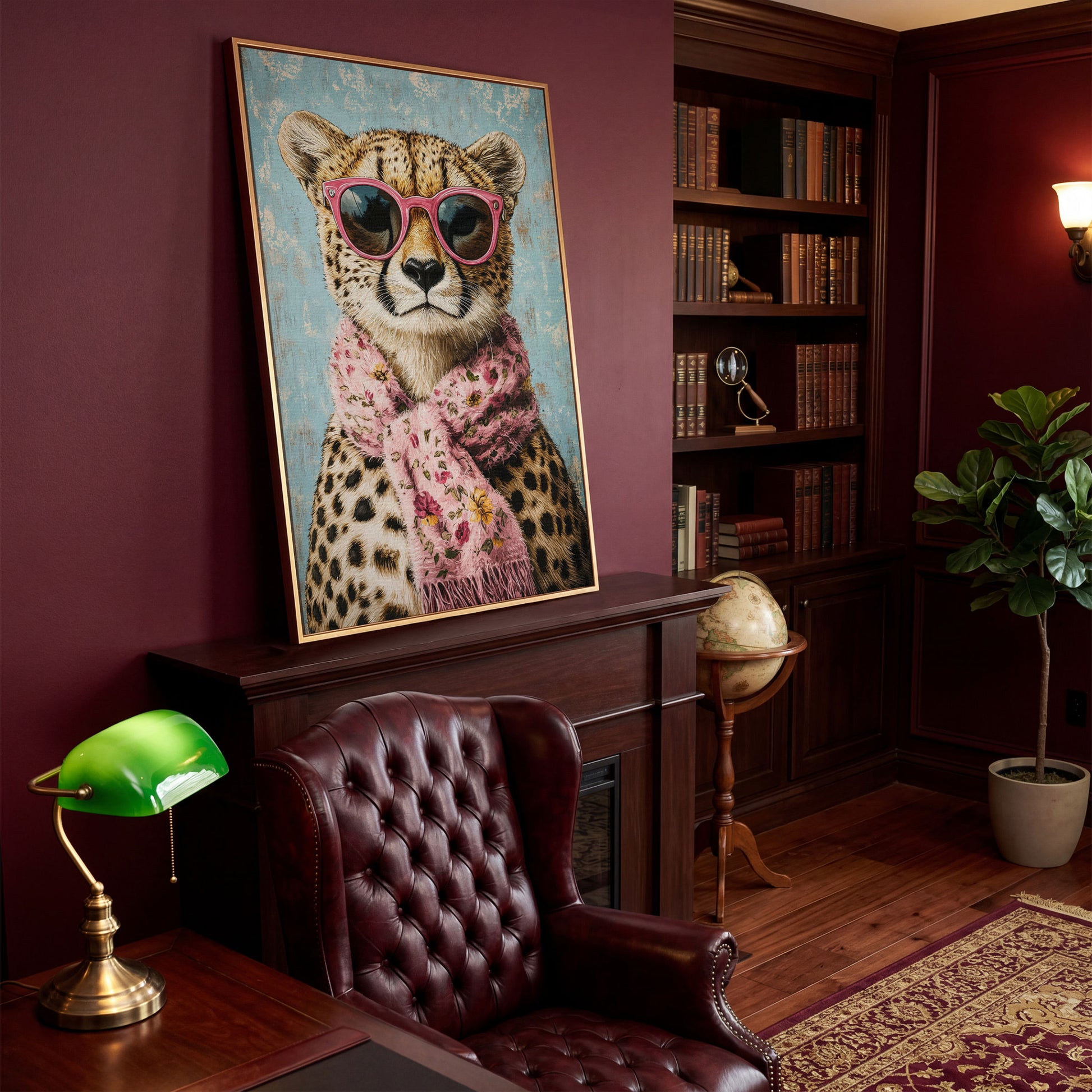Cheetah with Pink Scarf & Sunglasses Canvas in antique gold floating frame