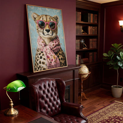 Cheetah with Pink Scarf & Sunglasses Canvas in antique gold floating frame