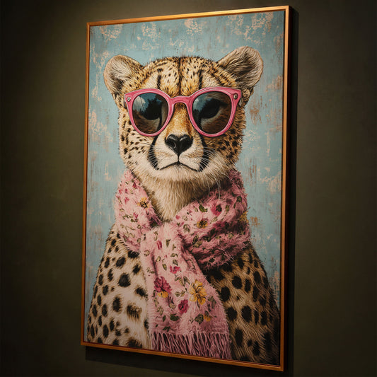 Cheetah with Pink Scarf & Sunglasses Canvas shown in antique gold floating frame