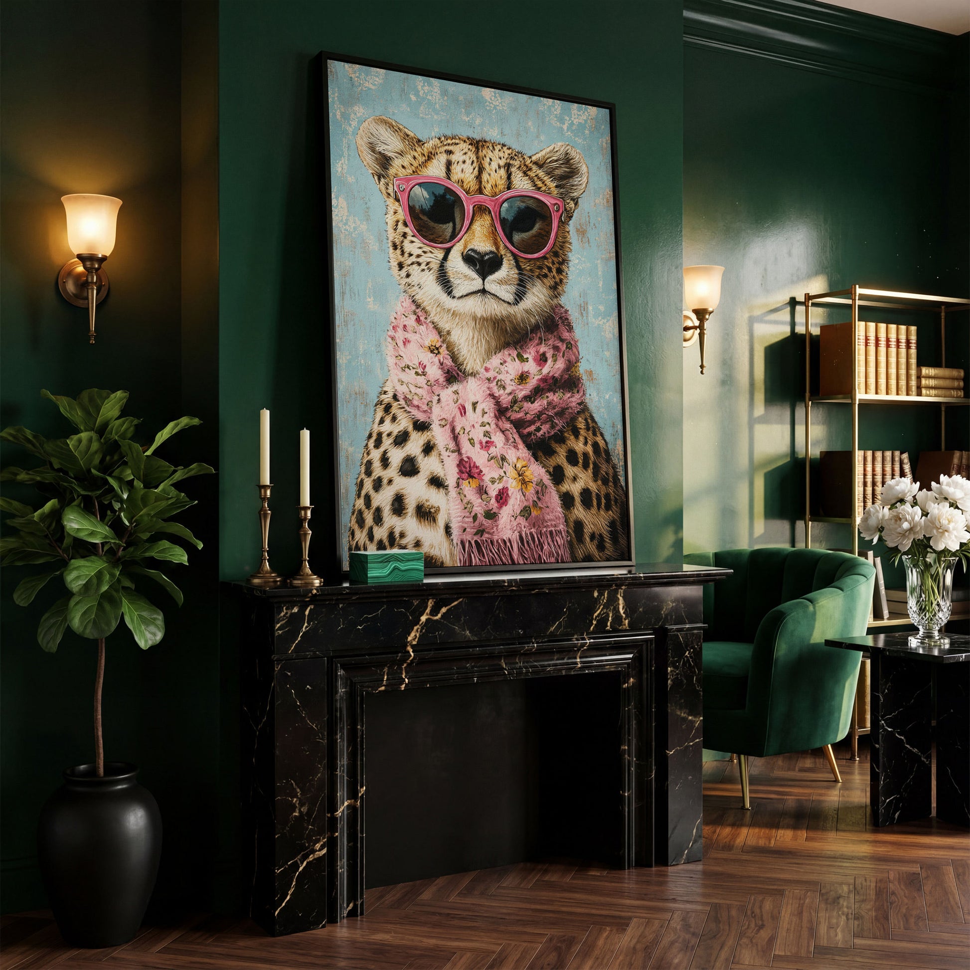 Cheetah with Pink Scarf & Sunglasses Canvas in black floating frame