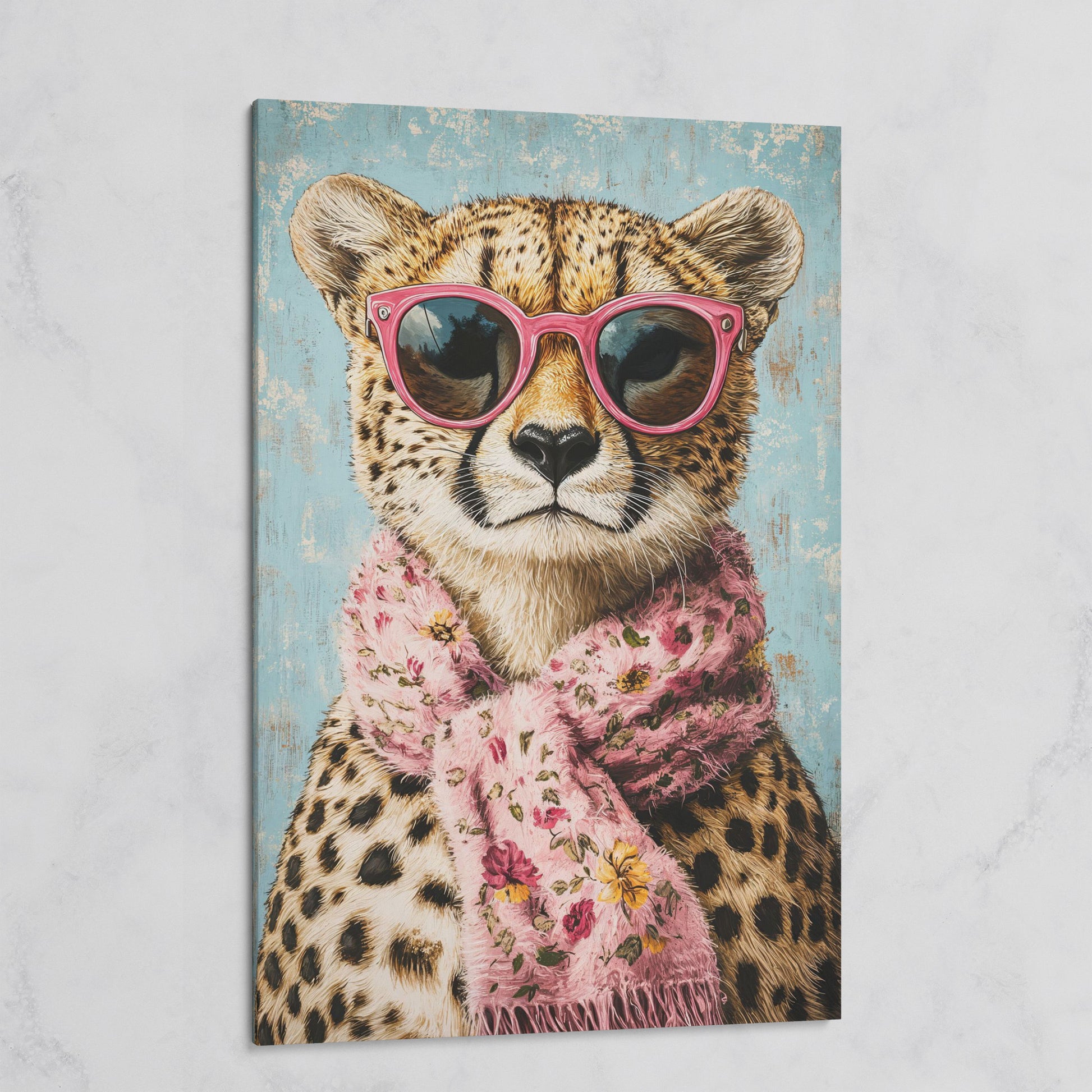 Cheetah with Pink Scarf & Sunglasses Canvas on gallery wrap
