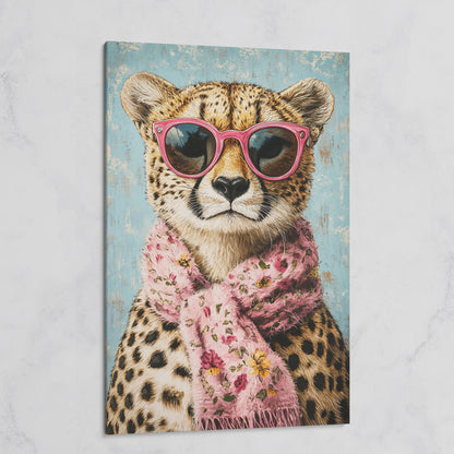 Cheetah with Pink Scarf & Sunglasses Canvas on gallery wrap