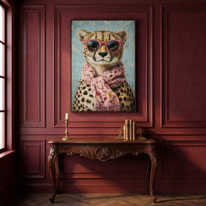 Cheetah with Pink Scarf & Sunglasses Canvas in dark walnut floating frame