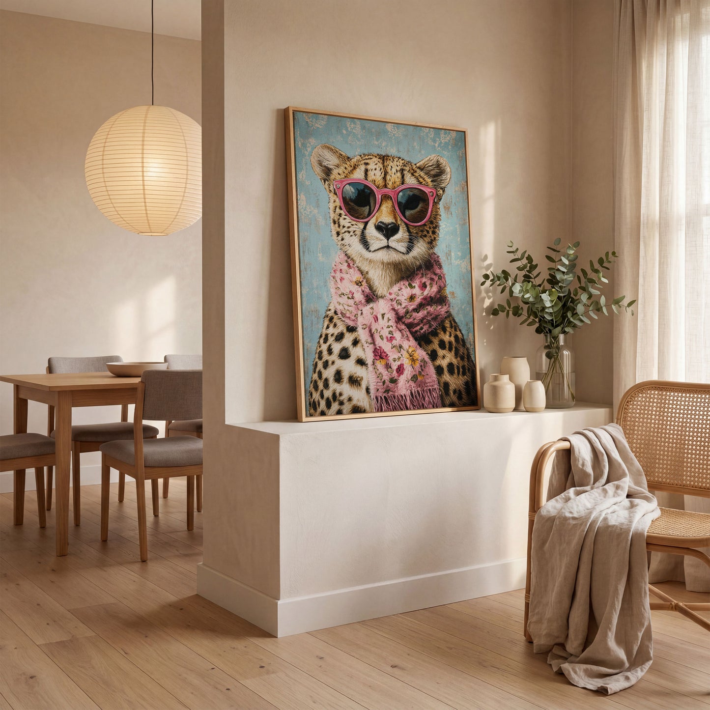 Cheetah with Pink Scarf & Sunglasses Canvas in white oak floating frame